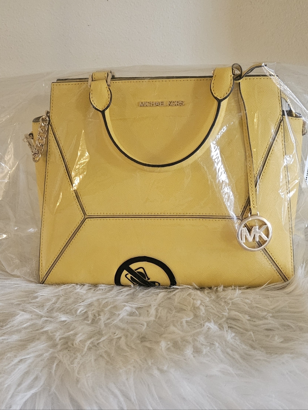 Michael Kors Yellow Saffiano Satchel with MK Charm - Picture 11 of 12